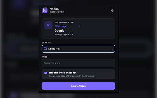 Nodus Research Connector :: Save academic documents, metadata, collections, and tags directly to your local Nodus Library.
