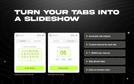 Tab Revolver – Auto rotate tabs for slideshow browsing :: Automatically turn your open tabs into a slideshow. Tab Revolver makes tab rotation effortless.