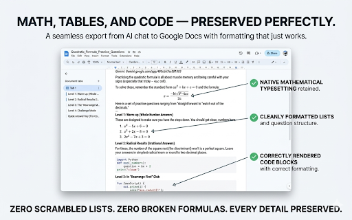 ChatGPT to Google Docs: Export Gemini, Claude (Math, Code) :: Save ChatGPT, Gemini & Claude chats as Google Docs in one click. Math, code, and images stay perfectly formatted.
