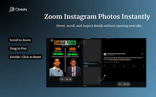 Closely: Image Hover Zoom :: Scroll to zoom any image on any website. Drag to pan. Double-click to reset. Works on Instagram, Reddit, and everywhere else.