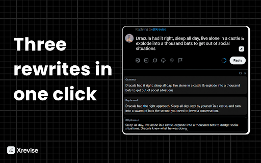 Xrevise: AI Writing Assistant for X :: Fix grammar, rephrase drafts, and optimize posts and replies directly on X without losing your voice.