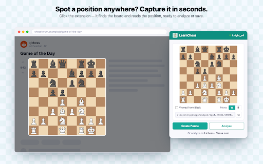 LearnChess Position Detector | Screenshot to FEN :: Capture chess board screenshots from any website and convert them to FEN positions for analysis & puzzle creation on LearnChess.ai.