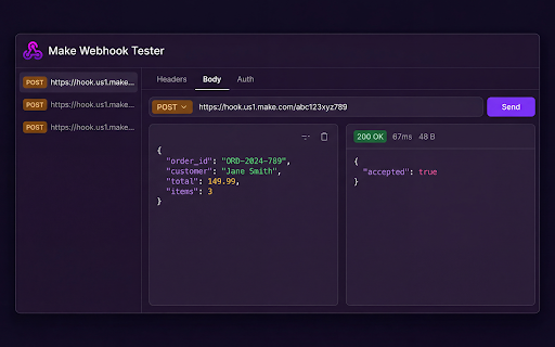 Make (Integromat) Webhook Tester - Debug Automation Workflows :: Test & debug Make.com (Integromat) webhook URLs. Send HTTP requests, import cURL, inspect responses. Free automation tool.