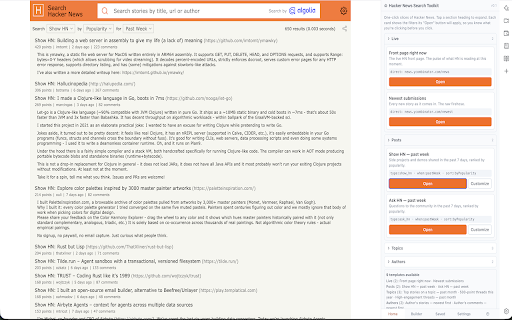 Hacker News Search Toolkit (Unofficial) :: Unofficial. Compose Hacker News (Algolia) search URLs with points, comments, author, and date filters.