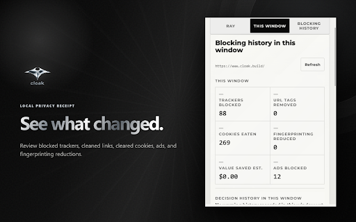 cloak :: Chrome privacy extension: block selected trackers, clean tracking links, reduce fingerprinting, and protect shopping sessions.