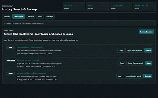 BrowseVault: History Search & Backup :: Search, back up, export, and preserve your browser history locally.