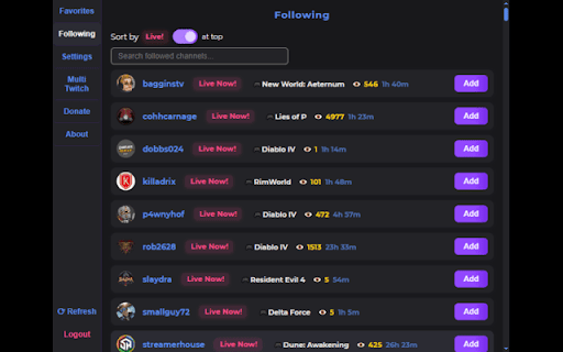Twitch Favorites :: Get live status, auto-open streams, and quick access to your favorite Twitch streamers — all privacy-friendly.