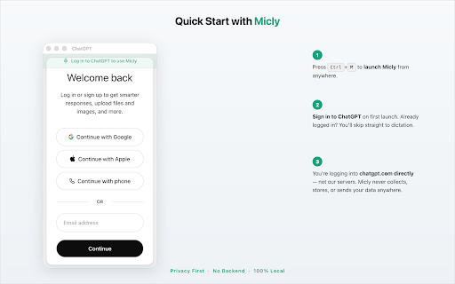 Micly - Voice Dictation & Audio Transcription :: Voice dictation + audio file transcription via ChatGPT. Speak or upload, auto-copy to clipboard, paste anywhere.