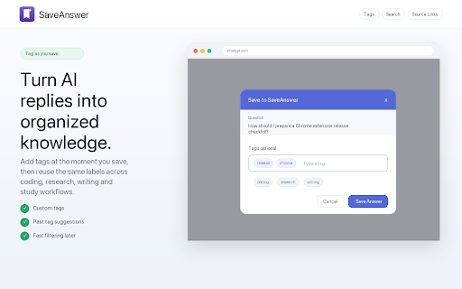 SaveAnswer - Save AI Answers :: Save useful AI answers with one click, then organize them with tags and full-text search in your browser.