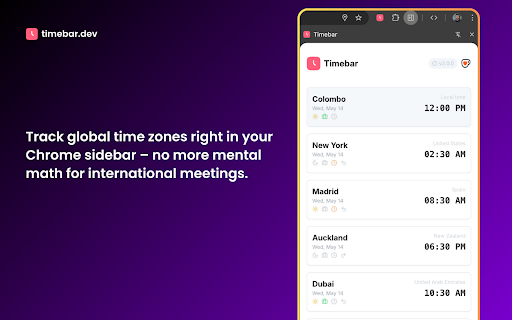 Timebar: A world clock and meeting planner for your side panel :: Convert time zones, plan meetings & create calendars events from the side panel. Works with Google, Apple, Outlook & more calendars.