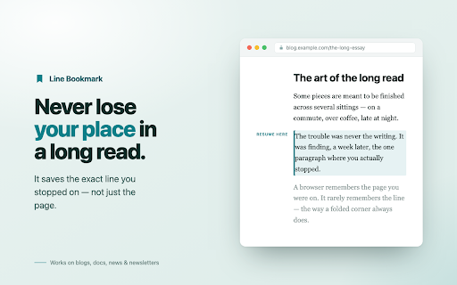Line Bookmark – Save Reading Position & Resume Where You Left Off :: Save scroll position on any website: click the line where you stopped reading, then jump back to your exact spot later. No account.