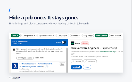 ApplyW - LinkedIn Job Language Filter :: Clean up LinkedIn Jobs: hide jobs you've viewed or applied to, filter by keyword and language, and block companies.