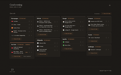 Tab Out :: Keep tabs on your tabs. One click opens a dashboard of your open tabs, grouped by domain.