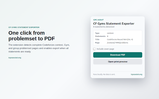 CF Gyms Statement Exporter :: Export Codeforces contest, Gym, and group contest statements to clean PDFs by ICPC Assiut.