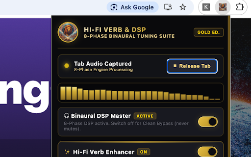Hi-Fi Verb Enhancer & Binaural DSP :: Real-time 8-phase binaural spatializer, stereo widener, and Hi-Fi Verb Enhancer for browser tab audio.