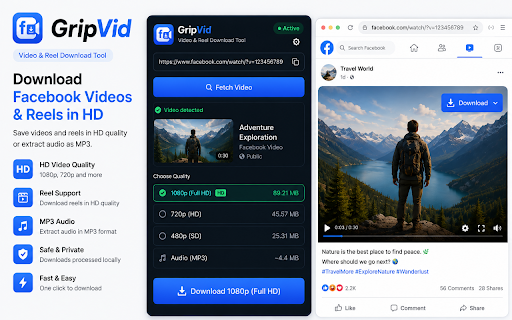 GripVid - HD Facebook Video & Reel Downloader :: Download Facebook videos, Reels & audio in HD. Save FB videos in 1080p, 720p or extract MP3 audio. Fast, simple & lightweight.