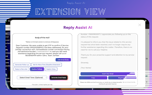 Reply Assist AI :: Generate professional AI-powered email replies directly inside Gmail with customizable tones.