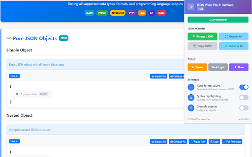 JSON Viewer Pro Expand,Editor,Auto,Drag-Drop,Output Dump 2 json By PatilWeb :: View, format, edit, expand/collapse, drag & drop, and export JSON with advanced features in Chrome.