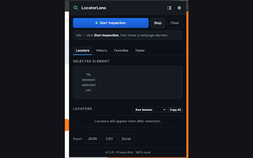 LocatorLens :: Inspect any element and generate stable XPath, CSS & Playwright/Cypress/Selenium locators. Build Page Object Models instantly.