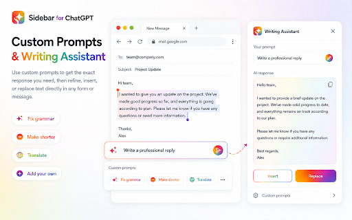 Sidebar for ChatGPT :: Access ChatGPT in side panel with screenshots and extension-based dictation.