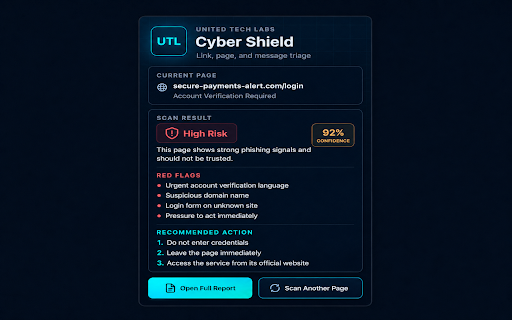 United Tech Labs Cyber Shield :: Scan suspicious links, pages, and pasted text with United Tech Labs AI Cyber Helpdesk.