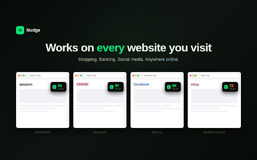 Nudge - Internet Protection :: AI-powered trust scores on every website. Scam detection, deepfake alerts, fact-checking, and safe alternatives — instantly.