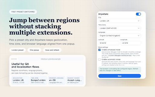 Anywhere :: Spoof location, time zone, and language together so sites see one consistent regional identity.