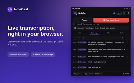 NoteCast — AI tab-audio note-taker :: Capture a browser tab's audio, transcribe it locally with Whisper, and generate structured notes with a local Ollama model.