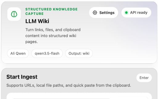 LLM Wiki for Obsidian :: Send URLs from your browser to Obsidian LLM Wiki plugin.