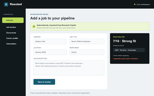 Resuleet Copilot :: Rate and save the current job page to Resuleet for review and approval-gated application drafting.