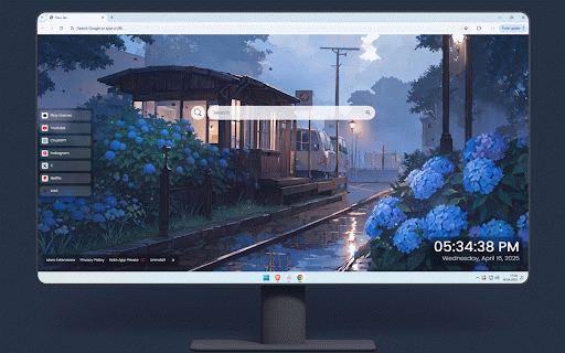 Blue Rainy Season Live Wallpaper :: Wooden bus stop glows warmly as rain creates reflections amid blooming hydrangeas.