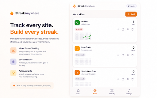 Streak Anywhere :: Turn the sites you visit into daily habits: streaks, rest days, smart reminders with sound, awards and insights.