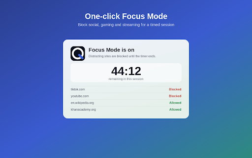 OroQ :: Block distracting or adult sites, force SafeSearch, and lock it with a PIN. Private, on-device, with a one-click Focus Mode.