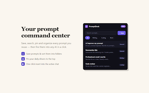 PromptDock: AI Prompt Manager for ChatGPT :: Save & reuse AI prompts. Type // in ChatGPT, Claude, Gemini, Perplexity & more to insert your prompt library instantly.