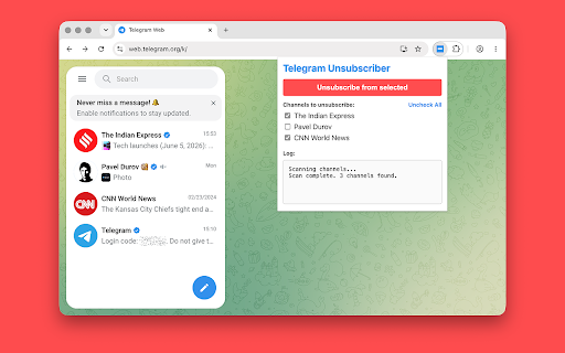Telegram Unsubscriber :: The extension helps to clean up Telegram subscriptions and leave unwanted channels in few clicks