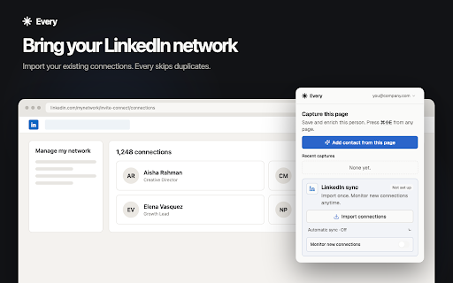 Every AI: Add Contacts from Any Page :: Add anyone to your Every contacts from any page — capture LinkedIn profiles, team pages, and bios in one click.