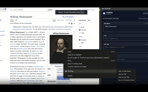 FieldClip — Structured Capture for Notion :: Capture selected text into structured Notion database fields using a persistent side panel and dynamic right-click context menus.
