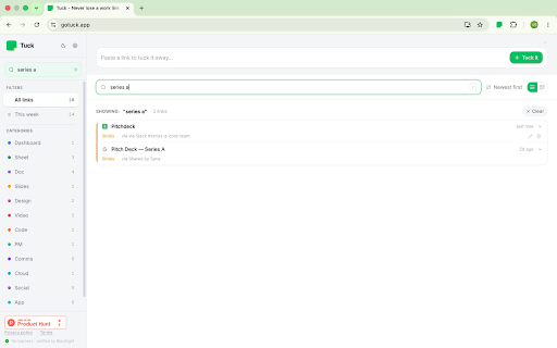 Tuck :: One-click capture of any tab into your Tuck link library. No account needed.