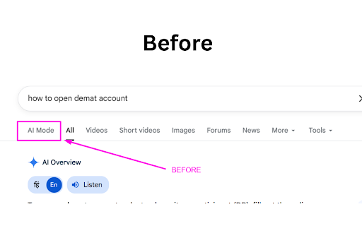 No AI Mode for Google :: Removes Google AI Mode tab and AI Overview section with toggle option.