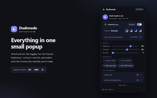 Duskmode – Dark Mode :: Reliable dark mode for Google Docs, Sheets, Slides, Drive, Gmail, and any website. Easy on the eyes, day or night.