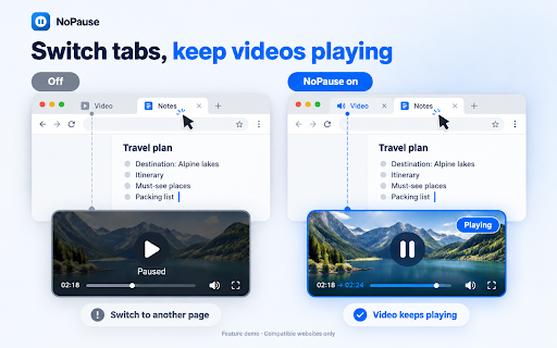 NoPause Playback :: Prevents videos and audio from pausing, even when switching tabs, minimizing the window, or when the mouse leaves the screen.