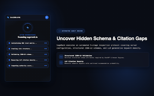 SageRank - SEO, GEO, AEO & Domain Security :: Measure your SEO, GEO & AEO search visibility scores. Audit JSON-LD schema health and execute instant domain security scans.