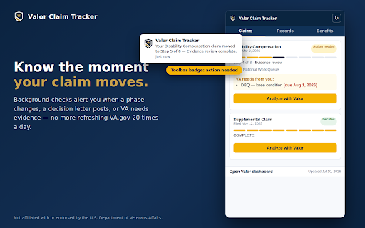 Valor Claim Tracker :: Track your VA disability claims and get alerted when something changes — plus smart, on-device claim insights.