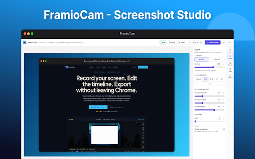 FramioCam - Screen Recorder & Screenshot Studio :: Screen recorder with webcam and audio. Capture full-page screenshots, edit videos and images, and export MP4, WebM, GIF or PNG.