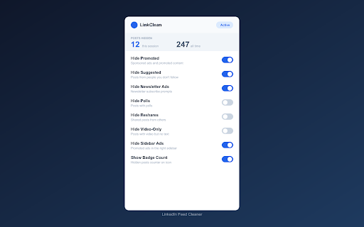 LinkedIn Feed Cleaner - Filter Ads, Spam & Promoted Posts :: Clean your LinkedIn feed — filter promoted posts, suggested content, polls, reshares & newsletter ads. 28 languages. Free.
