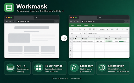 Workmask — 화면 위장 · 스프레드시트/문서 전환 :: 화면 위장 · 웹페이지를 스프레드시트·프레젠테이션·문서 업무 화면으로 전환. 단축키(Alt+X) 한 번이면 익숙한 UI처럼 자연스럽게.