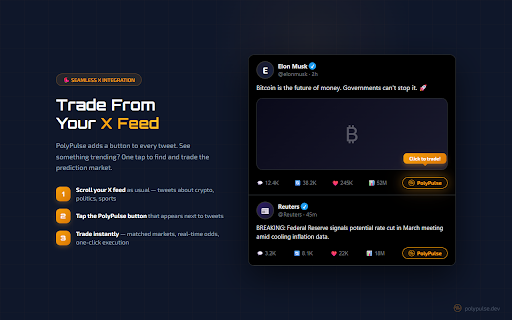 PolyPulse - Your Polymarket wallet :: Your Polymarket wallet. Trade markets, view odds, and manage your portfolio directly from your X feed.