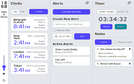 Toolbar Clock Icon, World Clocks, Alerts & Alarms, Timer, Stopwatch, Notes :: A digital clock that displays the current time in the extension icon. Set World Clocks, Alarms, Timers, Stopwatch, and create Notes.