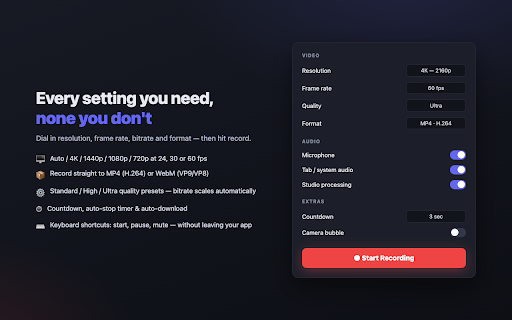 Pro Screen Recorder :: Screen recorder — screen, window or tab capture, mic + tab audio mix, phone-as-mic, camera bubble, pause/resume & shortcuts.