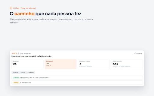 UXTap — Teste em site real :: Registra cliques, rolagem e páginas em testes do UXTap. Só no site do teste e só durante o teste. Nunca lê o que você digita.